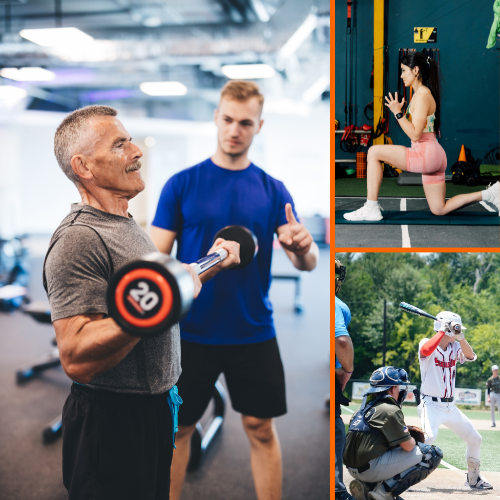 Dynamic collage of fitness and athletic training: older man curling 20kg dumbbell with trainer encouragement in gym, woman performing lunges, and young baseball player swinging bat on field with catcher and umpire, embodying strength, stamina, and performance for aspiring athletes like Hunter Broussard at Vitality Sweat.