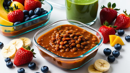 Create20me20an20image20of20a20delicious20looking20bowl20of20lentil20soup.20place20it20in20a20meal20prep20container20along20with20a20few20other20delicious20looking20prepped20items20like20a20smoothie20and20fruit